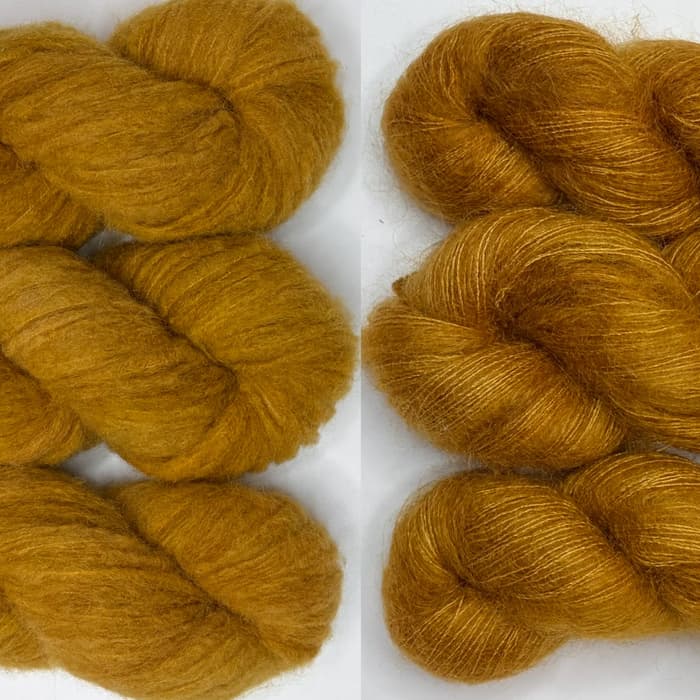 Laine teinte à la main Illusion et Aléa pour kit de tricot Isa Cardigan Couleur Curcuma
