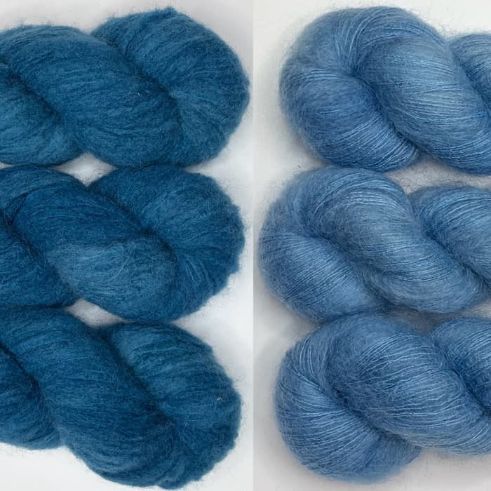 Laine teinte à la main Illusion et Aléa pour kit de tricot Isa Cardigan Couleur Mistral