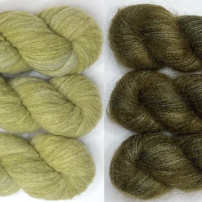 Laine teinte à la main Illusion et Aléa pour kit de tricot Isa Cardigan Couleur Céleri